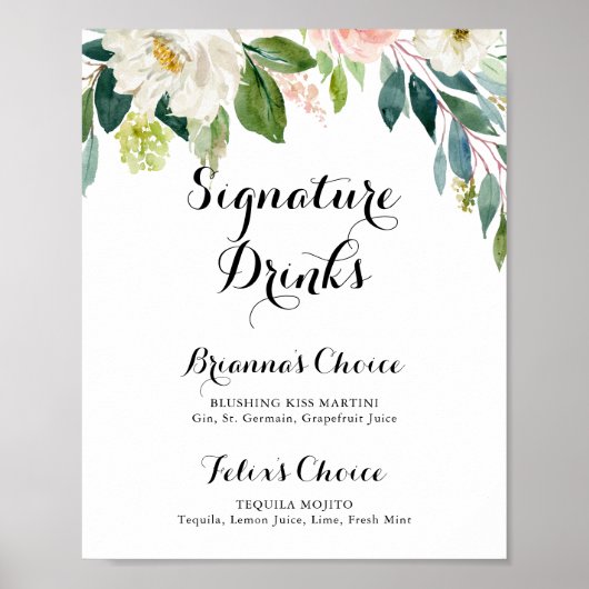 Eenvoudig bloemig groen bladerschap drankjes bord poster (Voorkant)