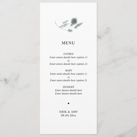 Eenvoudig Blue Thistle Floral Wedding Menu (Voorkant)