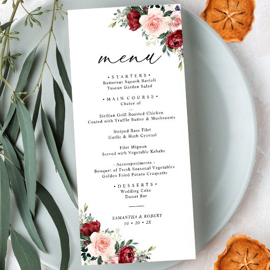 Eenvoudig Boho Burgundy Blush Floral Wedding Menu