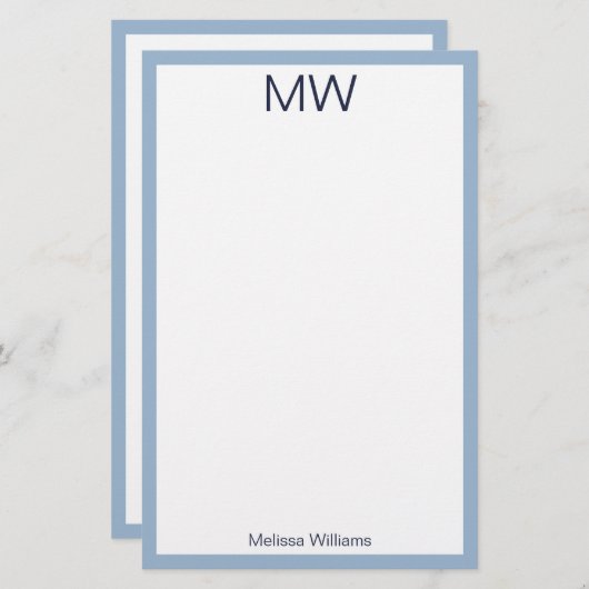 Eenvoudig Bord Blauw & Wit Monogrammed Persoonlijk Briefpapier (Voorkant / Achterkant)