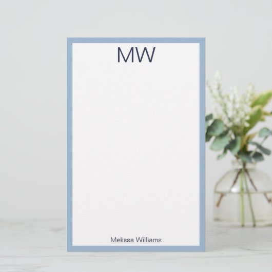 Eenvoudig Bord Blauw & Wit Monogrammed Persoonlijk Briefpapier (Staand voorkant)