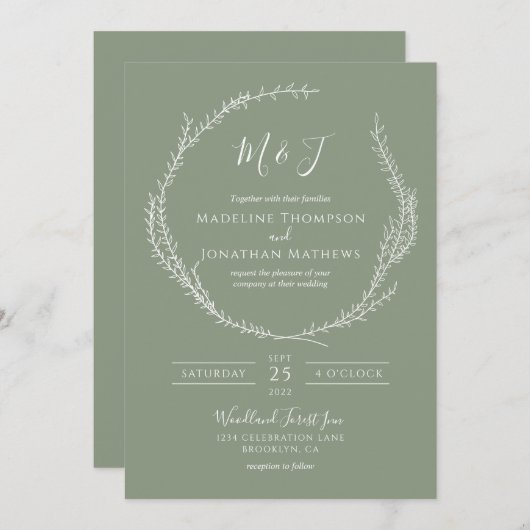 Eenvoudig botanisch platte grijze monogram kaart (Voorkant / Achterkant)