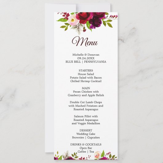 Eenvoudig Bourgogne Bloemendiner Menu Kaart (Voorkant)