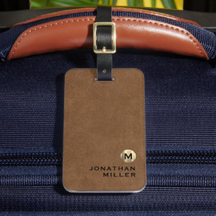 Eenvoudig bruin leer gouden monogram bagagelabel