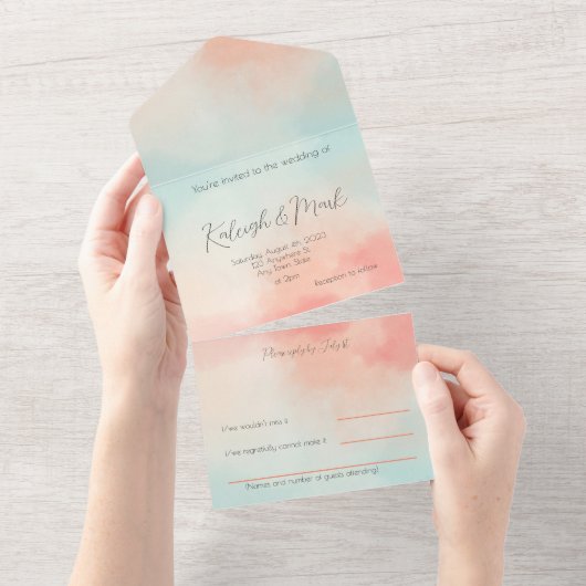 Eenvoudig budget pastelperzik & turquoise bruiloft all in one uitnodiging (Afscheurbaar)