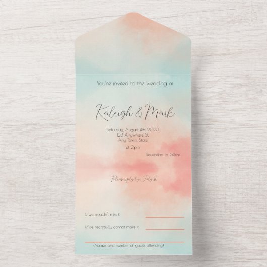 Eenvoudig budget pastelperzik & turquoise bruiloft all in one uitnodiging (Binnen)