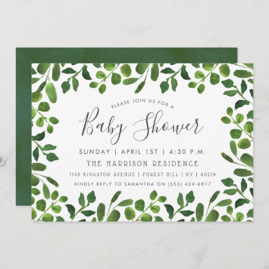 Eenvoudig Chic Foliage Baby Shower-uitnodigingen Kaart (Voorkant / Achterkant)