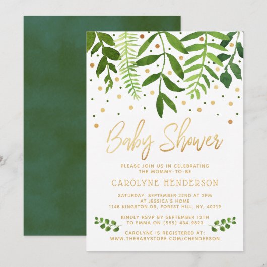 Eenvoudig Chic Greenery & Gold Baby shower Kaart (Voorkant / Achterkant)