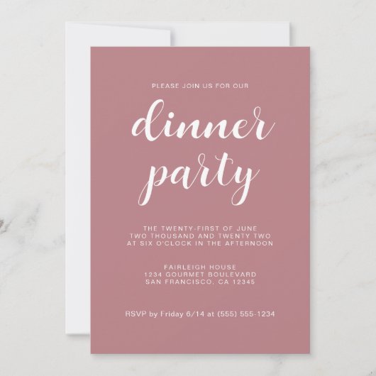 Eenvoudig Chic Script Dusty Roos Dinner Party Kaart (Voorkant)