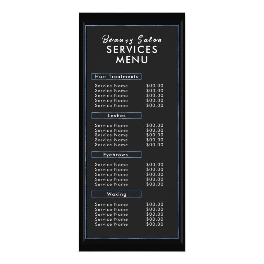 Eenvoudig Chique Modern Blauw Zwart Salon Menu Toe (Voorkant)