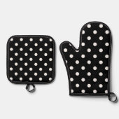 Eenvoudig chique wit polkadots patroon op zwart ovenwant & pannenlap set (Voorkant)