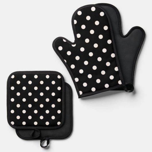 Eenvoudig chique wit polkadots patroon op zwart ovenwant & pannenlap set (Voorkant / Achterkant)