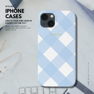 Eenvoudig Classic Blauw Gingham Goud Monogram iPhone 13 Hoesje