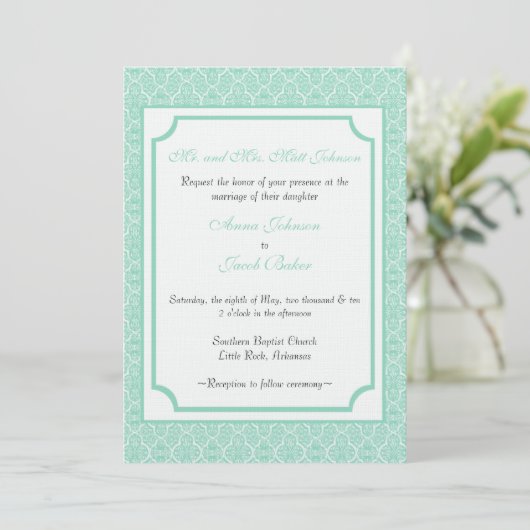 Eenvoudig Classic Damask Wedding Invite Kaart (Staand voorkant)