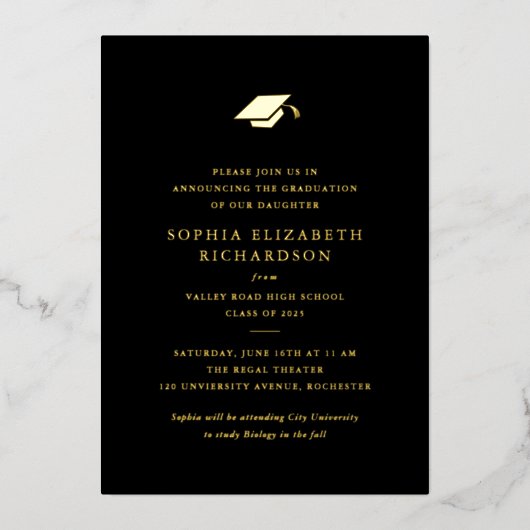 Eenvoudig Classic Zwart-wit Foto Afstuderen Folie Uitnodiging (Voorkant)