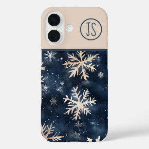 Eenvoudig donkerblauw met sneeuwvlokken Monogramme iPhone 16 Hoesje