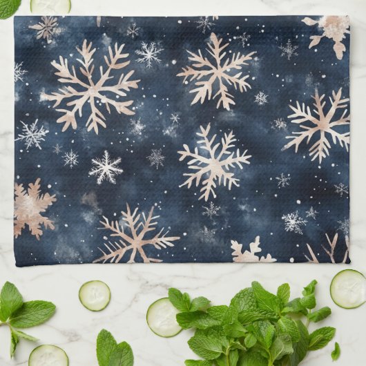 Eenvoudig donkerblauw met sneeuwvlokken theedoek (Gevouwen)