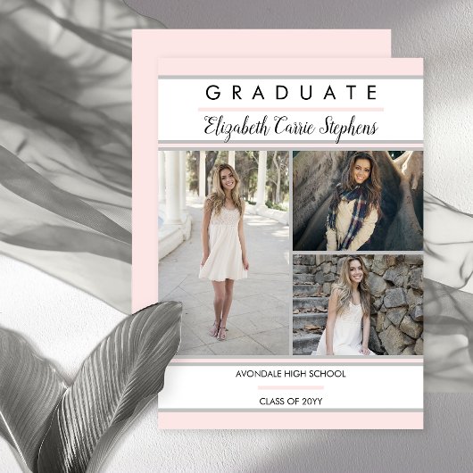 Eenvoudig, drie foto's, Blush Pink Afstuderen Aankondiging