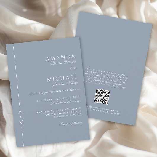 Eenvoudig Dusty Blue Elegant Monogram QR-code Trou Kaart