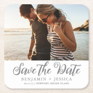 Eenvoudig één fotohuwelijk sparen de Datum Vierkante Kartonnen Onderzetter