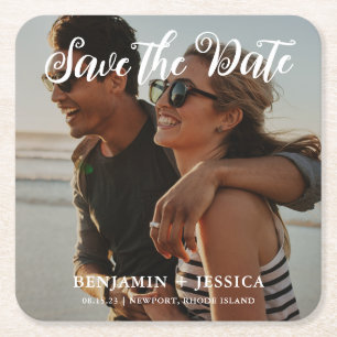 Eenvoudig één fotohuwelijk sparen de Datum Vierkante Kartonnen Onderzetter