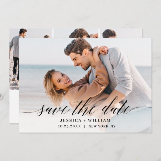 Eenvoudig Elegant 4 Foto Wedding Save the Date (Voorkant / Achterkant)