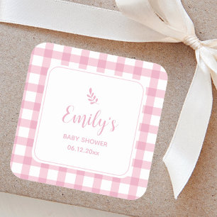 Eenvoudig Elegant Baby Roze Gingham Meisje Baby sh Vierkante Sticker