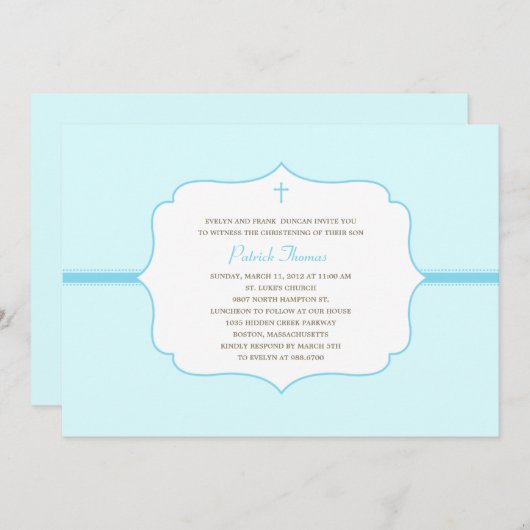 Eenvoudig Elegant Baptism/Christening Invite - Bla Kaart (Voorkant / Achterkant)