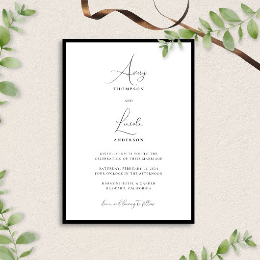 Eenvoudig Elegant Black en White Script Wedding Kaart