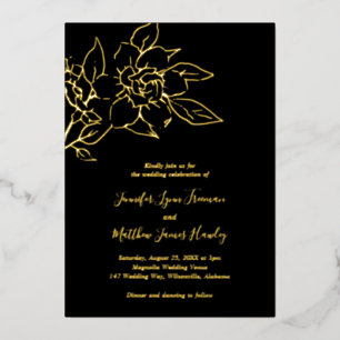 Eenvoudig Elegant Black Gold Magnolia Floral Weddi Folie Uitnodiging