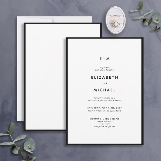 Eenvoudig Elegant Black & White Monogram Weddensch Kaart