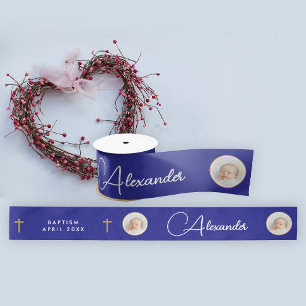 Eenvoudig Elegant Blauw Goud Kruis Foto Naam Scrip Lint