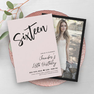 Eenvoudig Elegant Blush Roze Zwart Sweet 16 Script Kaart