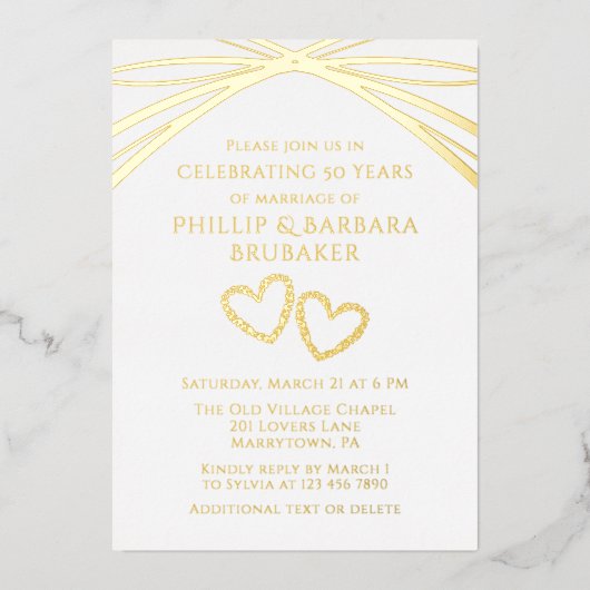 Eenvoudig Elegant Boog Goud 50ste Trouwen Jubileum Folie Uitnodiging (Voorkant)