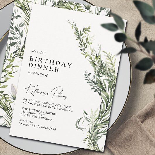 Eenvoudig Elegant Botanisch Groen Verjaardagsdiner Kaart