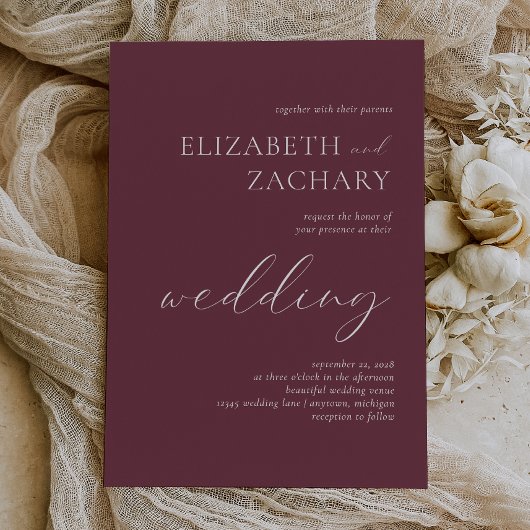 Eenvoudig Elegant Burgundy White Script Weduwschap Kaart