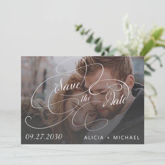 Eenvoudig elegant calligrafie script foto bruiloft save the date (Staand voorkant)