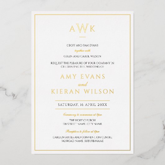 Eenvoudig Elegant Classic Monogram Weddenschap Gol Folie Uitnodiging (Voorkant)