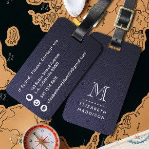 Eenvoudig Elegant Donkerblauw Leer Wit Monogram Bagagelabel