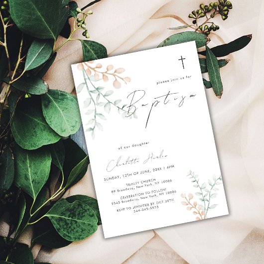 Eenvoudig Elegant Eucalyptus Cross Baptisme Kaart