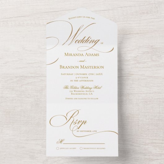 Eenvoudig Elegant Gold Script Weddenschap All In One Uitnodiging (Binnen)