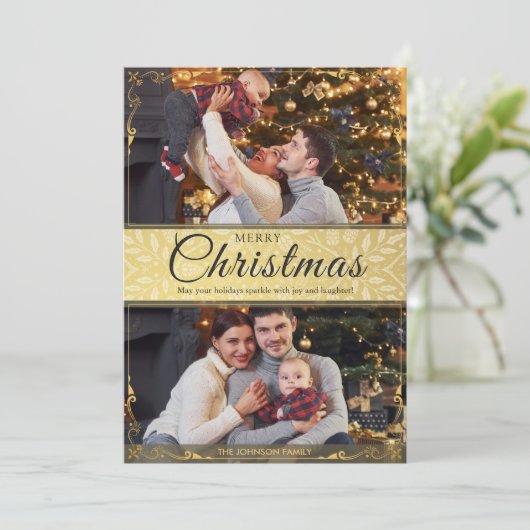 Eenvoudig Elegant Goud Lijst 2 Foto Kerst Feestdagenkaart (Staand voorkant)
