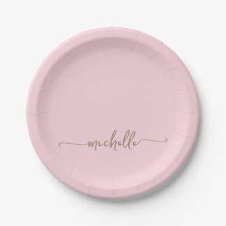Eenvoudig Elegant Gouden Monogram Schrift Roze Roo Papieren Bordje
