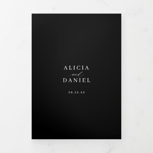 Eenvoudig elegant kalligrafiescript RSVP QR zwart Drieluik Uitnodiging (Cover)