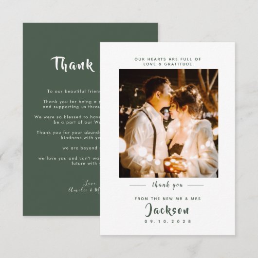 Eenvoudig elegant met foto Donkergroen huwelijk Bedankkaart (Voorkant / Achterkant)