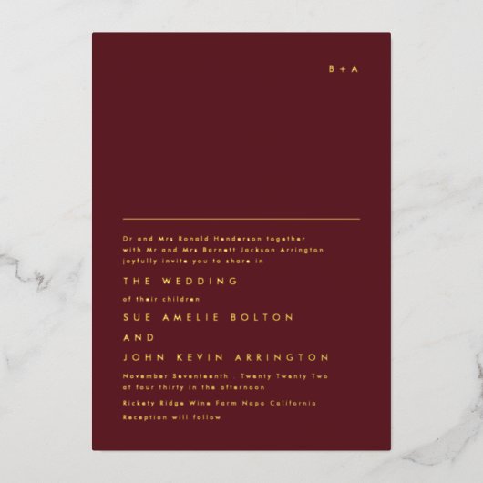 Eenvoudig Elegant Monogram Gold | Maroon Burgundy Folie Uitnodiging (Voorkant)
