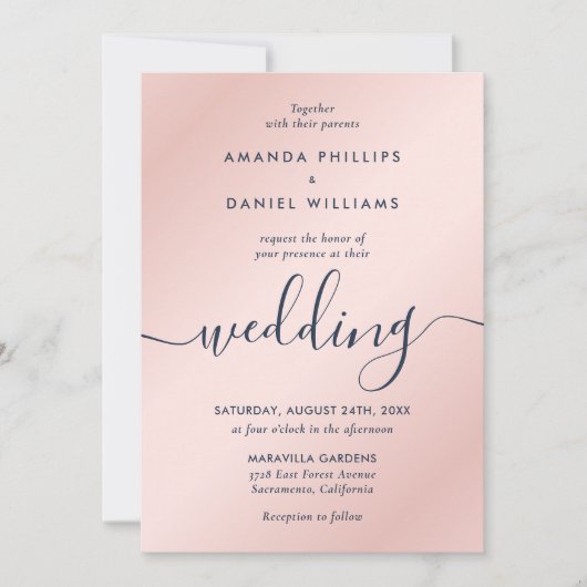 Eenvoudig Elegant Navy Blue en Blush Modern Script Kaart (Voorkant)