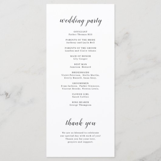 Eenvoudig elegant romantisch script bruiloft programma (Achterkant)