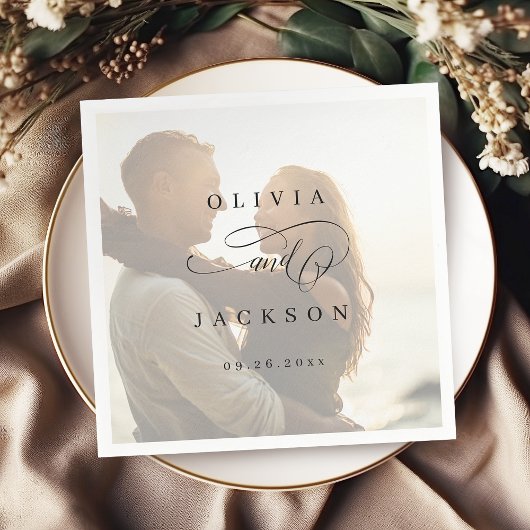Eenvoudig elegant romantisch script foto bruiloft servet