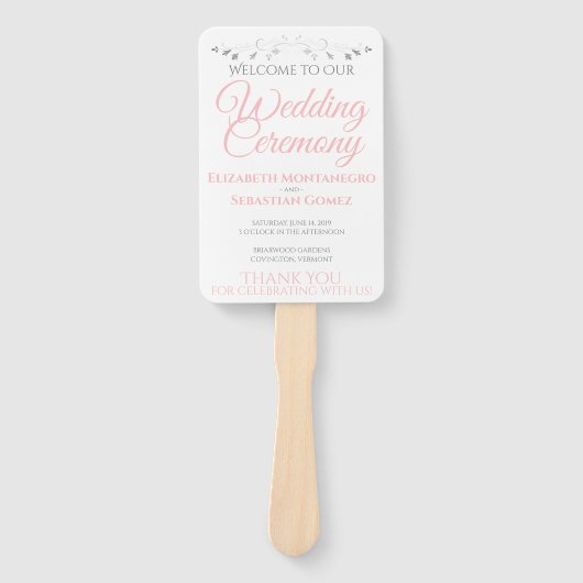 Eenvoudig Elegant Roze Wit & Grijs Huwelijksprogra Handwaaier (Voorkant)
